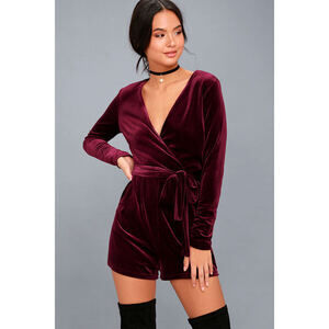 Lulus Romantic Moves Burgundy Velvet Long Sleeve Romper - Size Small